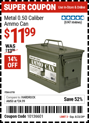 Harbor Freight Coupons, HF Coupons, 20% off - .50 Cal Metal Ammo Can