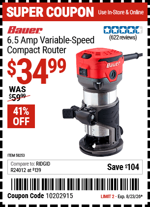 Harbor Freight Coupons, HF Coupons, 20% off - BAUER 1-1/4 HP 1/4 in. Variable Speed Compact Router 