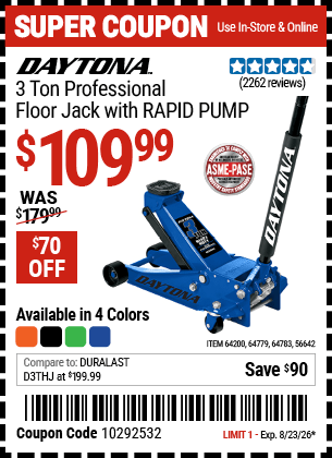 Harbor Freight Coupons, HF Coupons, 20% off - Daytona 3 Ton Heavy Duty Floor Jack