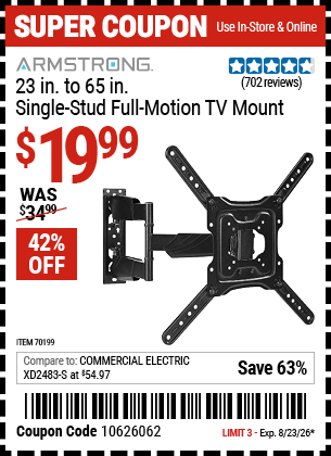 Harbor Freight Coupons, HF Coupons, 20% off - ARMSTRONG 23 in. to 65 in. Single-Stud Full-Motion TV Mount for $29.99