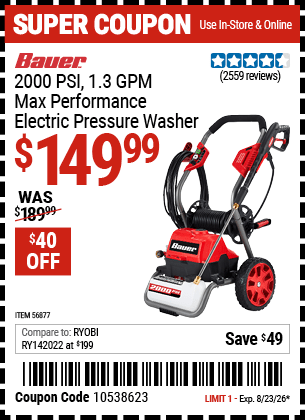 Harbor Freight Coupons, HF Coupons, 20% off - BAUER 2000 PSI Max Performance Electric Pressure Washer for $159.99