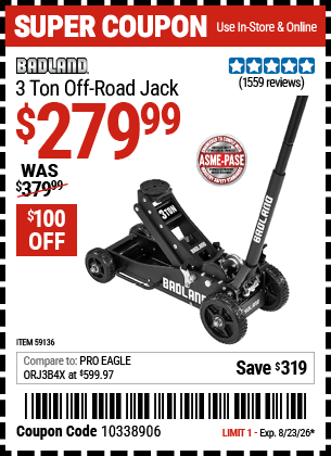Harbor Freight Coupons, HF Coupons, 20% off - BADLAND 3 Ton Off-Road Jack 