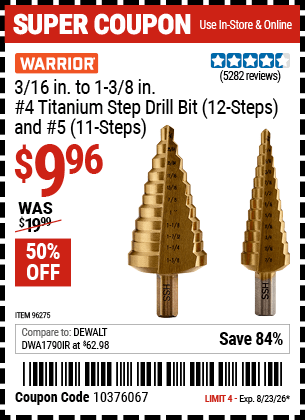 Harbor Freight Coupons, HF Coupons, 20% off - 2 Piece Titanium Nitride Coated High Speed Steel Step Drill Bits