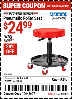 Harbor Freight Coupons, HF Coupons, 20% off - Mechanic's Roller Seat, Pneumatic Adjustable Roller Seat