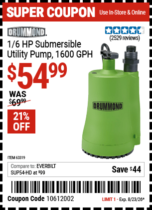 Harbor Freight Coupons, HF Coupons, 20% off - 1/6 Hp Submersible Utility Pump