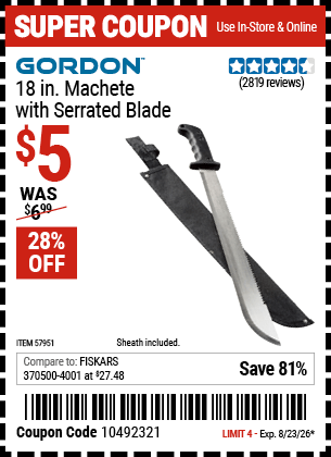 Harbor Freight Coupons, HF Coupons, 20% off - GORDON 18 in. Machete with Serrated Blade for $5.99