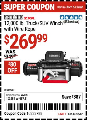 Harbor Freight Coupons, HF Coupons, 20% off - BADLAND ZXR 12 -000 lb. Truck/SUV Winch with Wire Rope 