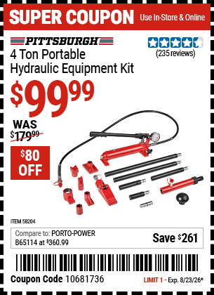 Harbor Freight Coupons, HF Coupons, 20% off - PITTSBURGH 4 Ton Portable Hydraulic Equipment Kit for $119.99