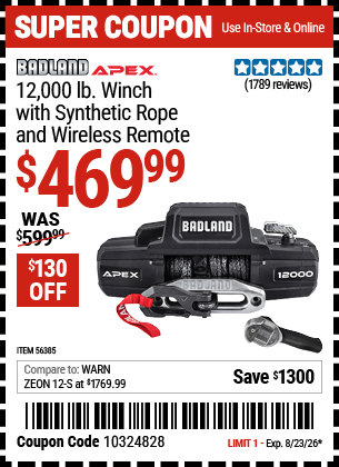 Harbor Freight Coupons, HF Coupons, 20% off - Badland Apex 12,000 Lb. Truck/suv Winch
