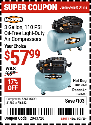 Harbor Freight Coupons, HF Coupons, 20% off - 3 Gallon 1/3 HP 110 PSI Oil-Free Hotdog Air Compressor