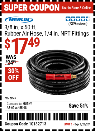 Harbor Freight Coupons, HF Coupons, 20% off - MERLIN 3/8 in. x 50 ft. Rubber Air Hose 