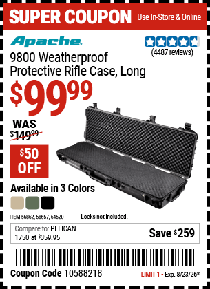 Harbor Freight Coupons, HF Coupons, 20% off - APACHE 9800 Weatherproof Protective Rifle Case for $114.99