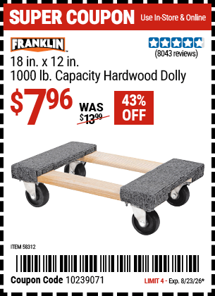 Harbor Freight Coupons, HF Coupons, 20% off - FRANKLIN 18 in. x 12 in. 1000 lb. Capacity Hardwood Dolly 