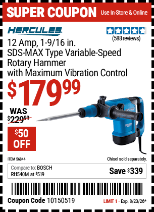 Harbor Freight Coupons, HF Coupons, 20% off - 12 Amp 1-9/16 in.  SDS Max-Type Variable Speed Rotary Hammer