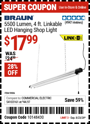Harbor Freight Coupons, HF Coupons, 20% off - BRAUN 5500 Lumen 4 ft. Linkable LED Hanging Shop Light 
