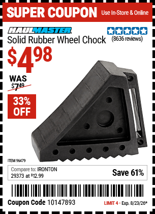 Harbor Freight Coupons, HF Coupons, 20% off - Solid Rubber Wheel Chock