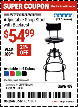 Harbor Freight Coupons, HF Coupons, 20% off - Adjustable Shop Stool With Backrest