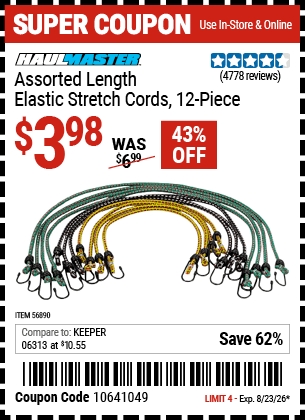 Harbor Freight Coupons, HF Coupons, 20% off - HAUL-MASTER Assorted Length Elastic Stretch Cords 12 Pc. for $3.99