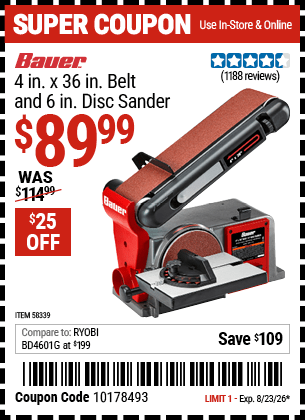 Harbor Freight Coupons, HF Coupons, 20% off - 4 in. x 36 in. Belt and 6 in. Disc Sander