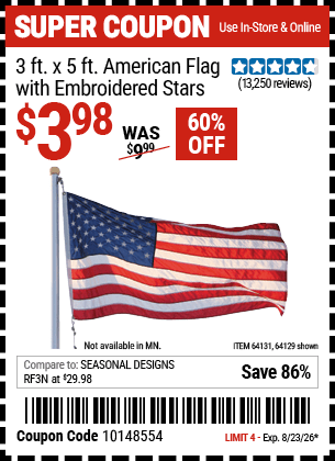 Harbor Freight Coupons, HF Coupons, 20% off - 3 Ft. X 5 Ft. American Flag With Embroidered Stars