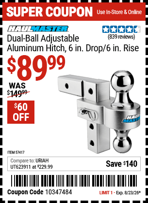 Harbor Freight Coupons, HF Coupons, 20% off - HAUL-MASTER 2-Ball Adjustable Aluminum Hitch for $109.99