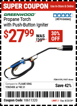 Harbor Freight Coupons, HF Coupons, 20% off - Propane Torch With Push Button Igniter