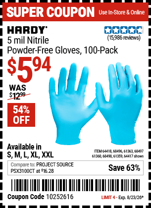 Harbor Freight Coupons, HF Coupons, 20% off - HARDY 5 Mil Nitrile Powder-Free Gloves 100 Pc for $5.99