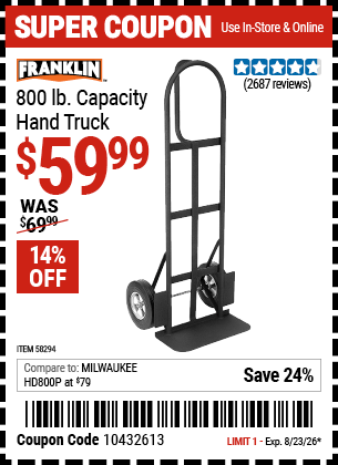 Harbor Freight Coupons, HF Coupons, 20% off - FRANKLIN 800 lb. Capacity Hand Truck 
