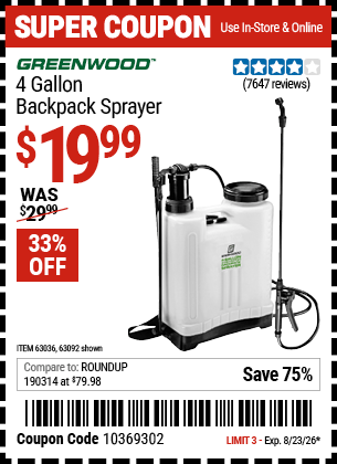 Harbor Freight Coupons, HF Coupons, 20% off - 4 Gallon Backpack Sprayer