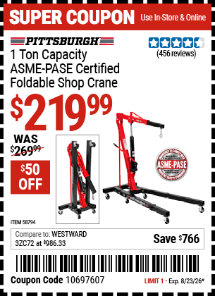 Harbor Freight Coupons, HF Coupons, 20% off - PITTSBURGH 1 Ton Capacity Foldable Shop Crane for $239.99