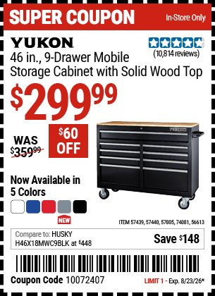 Harbor Freight Coupons, HF Coupons, 20% off - YUKON 46 in., 9-Drawer Mobile Storage Cabinet With Solid Wood Top for $299.99