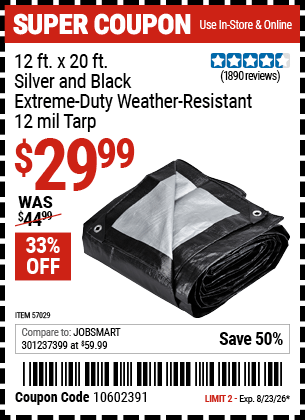 Harbor Freight Coupons, HF Coupons, 20% off - 12 ft. x 20 ft. Silver & Black Extreme Duty Weather Resistant Tarp