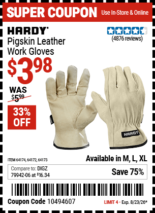 Harbor Freight Coupons, HF Coupons, 20% off - Pigskin Leather Work Gloves