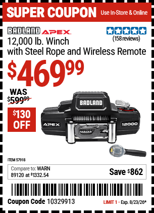 Harbor Freight Coupons, HF Coupons, 20% off - APEX 12,000 lb. Winch with Steel Rope and Wireless Remote