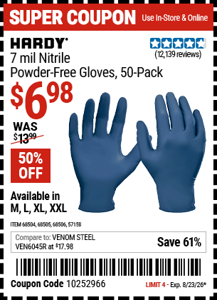 Harbor Freight Coupons, HF Coupons, 20% off - 7 mil Nitrile Powder-Free Gloves, 50 Pc. XX-Large