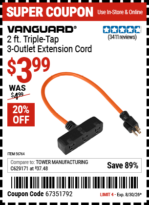 Harbor Freight Coupons, HF Coupons, 20% off - Vanguard 2 ft. Triple Tap 3-Outlet Extension Cord for $3.99