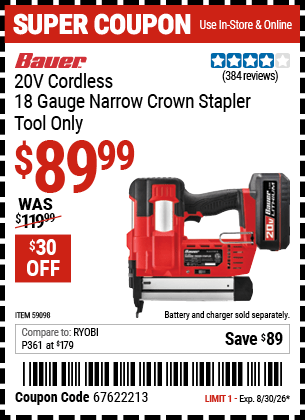Harbor Freight Coupons, HF Coupons, 20% off - BAUER 20V, 18 Gauge Narrow Crown Stapler, Tool Only for $79.99