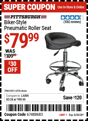 Harbor Freight Coupons, HF Coupons, 20% off - Biker-style Pneumatic Roller Seat