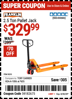 Harbor Freight Coupons, HF Coupons, 20% off - FRANKLIN 2.5 Ton Pallet Jack for $359.99