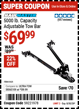 Harbor Freight Coupons, HF Coupons, 20% off - 5000 Lb. Capacity Adjustable Tow Bar