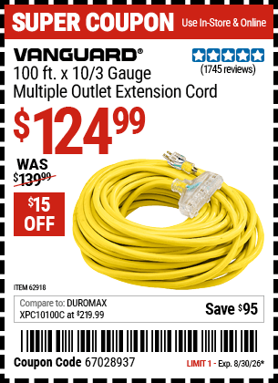 Harbor Freight Coupons, HF Coupons, 20% off - 100ft X 10 Gauge Triple Tap Extension Cord
