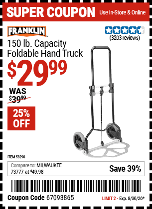 Harbor Freight Coupons, HF Coupons, 20% off - FRANKLIN 150 lb. Capacity Foldable Hand Truck 