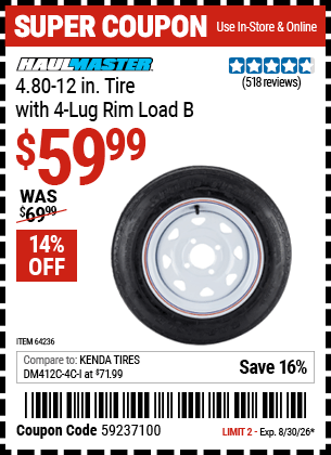 Harbor Freight Coupons, HF Coupons, 20% off - 4.80-12in Tire with 4 Lug Rim Load B for $59.99