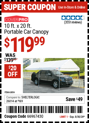 Harbor Freight Coupons, HF Coupons, 20% off - 10 Ft X 20 Ft Car Canopy
