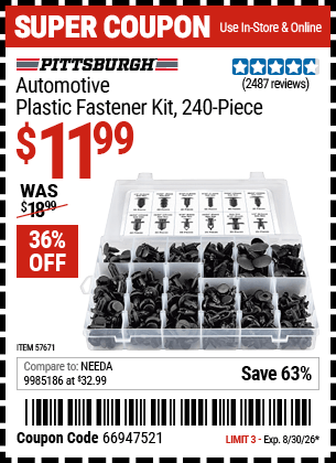 Harbor Freight Coupons, HF Coupons, 20% off - PITTSBURGH Automotive Plastic Fastener Kit for $13.99
