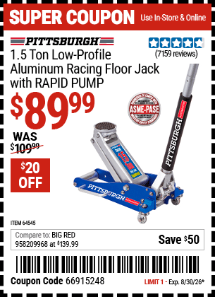 Harbor Freight Coupons, HF Coupons, 20% off - Pittsburgh Rapid Pump 1.5 Ton Lightweight Aluminum Floor Jack