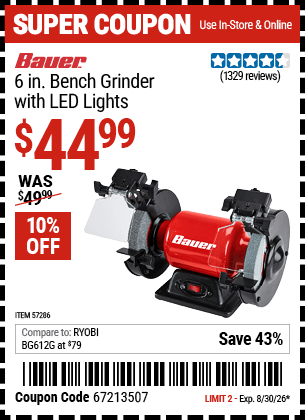 Harbor Freight Coupons, HF Coupons, 20% off - 6 in. Bench Grinder with LED Lights