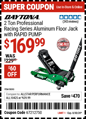 Harbor Freight Coupons, HF Coupons, 20% off - DAYTONA 2 Ton Professional Racing Series Aluminum Floor Jack for $169.99
