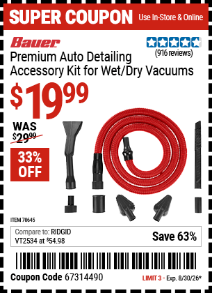 Harbor Freight Coupons, HF Coupons, 20% off - BAUER Premium Auto Detailing Accessory Kit for Wet/Dry Vacuums for $19.99