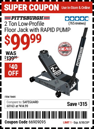 Harbor Freight Coupons, HF Coupons, 20% off - PITTSBURGH 2 Ton Low-Profile Floor Jack with RAPID PUMP for $109.99